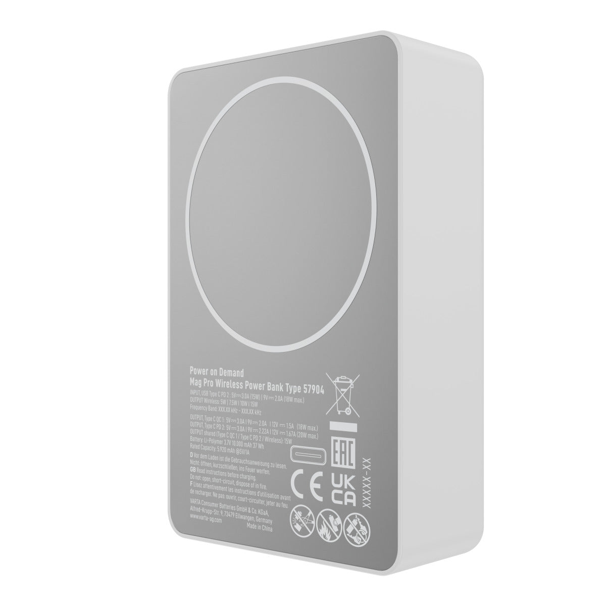 Ekstern trådløs batteri Varta Mag Pro, 10000mAh, 20W, 1 x QI - 2 x USB-C, Hvit