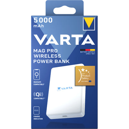 Ekstern trådløs batteri Varta Mag Pro, 5000mAh, 12W, 1 x QI - 1 x USB-C, Hvit
