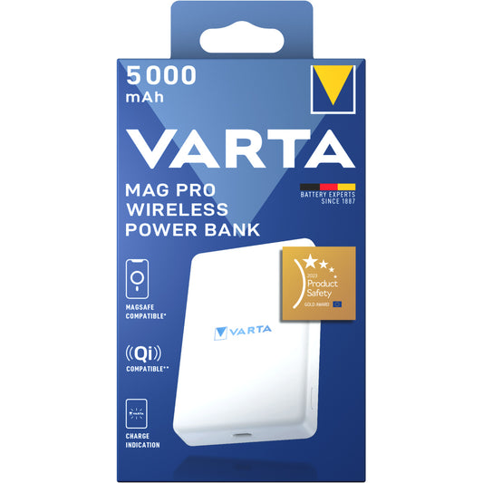 Ekstern trådløs batteri Varta Mag Pro, 5000mAh, 12W, 1 x QI - 1 x USB-C, Hvit