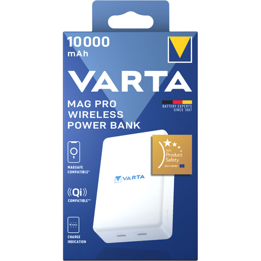 Ekstern trådløs batteri Varta Mag Pro, 10000mAh, 20W, 1 x QI - 2 x USB-C, Hvit