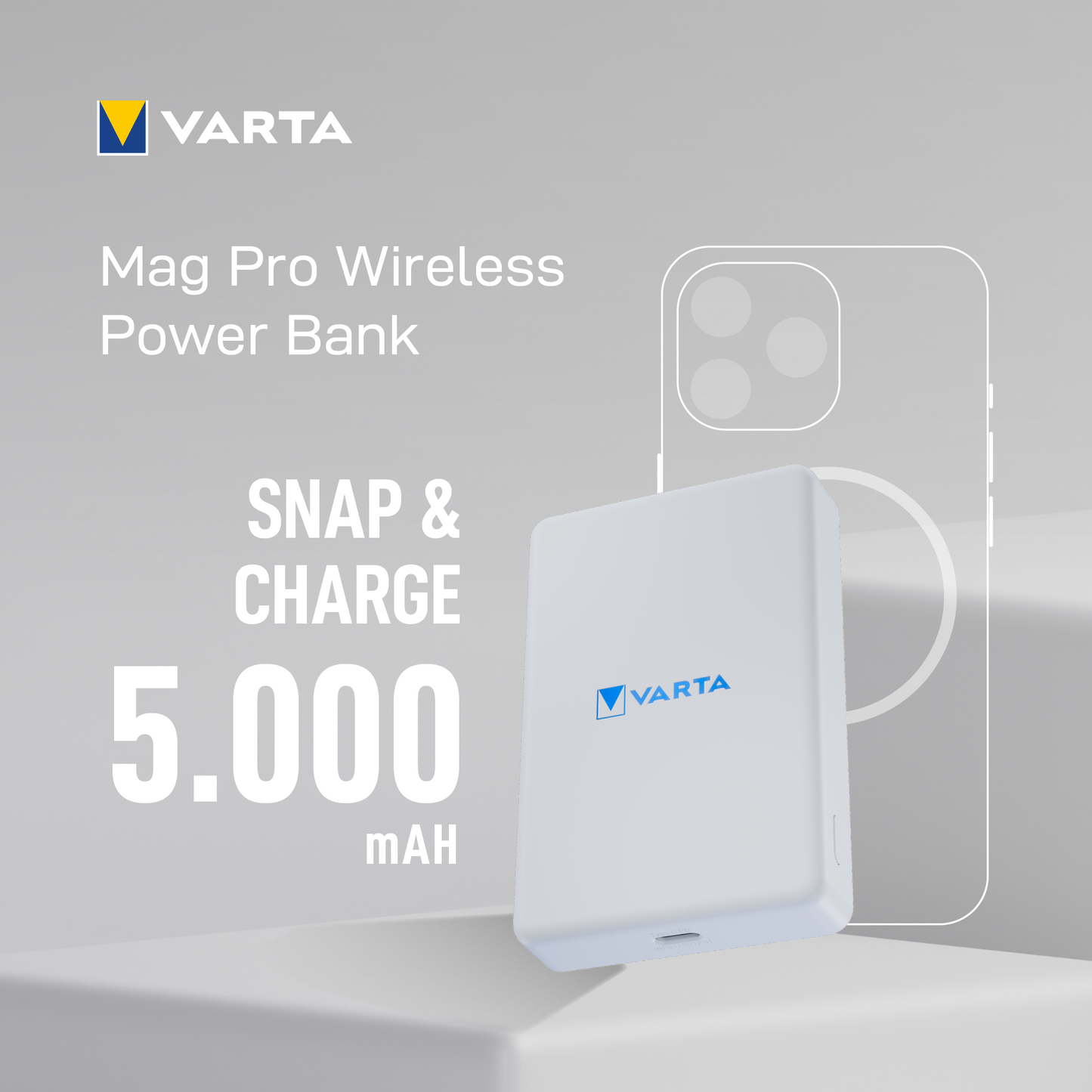 Ekstern trådløs batteri Varta Mag Pro, 5000mAh, 12W, 1 x QI - 1 x USB-C, Hvit