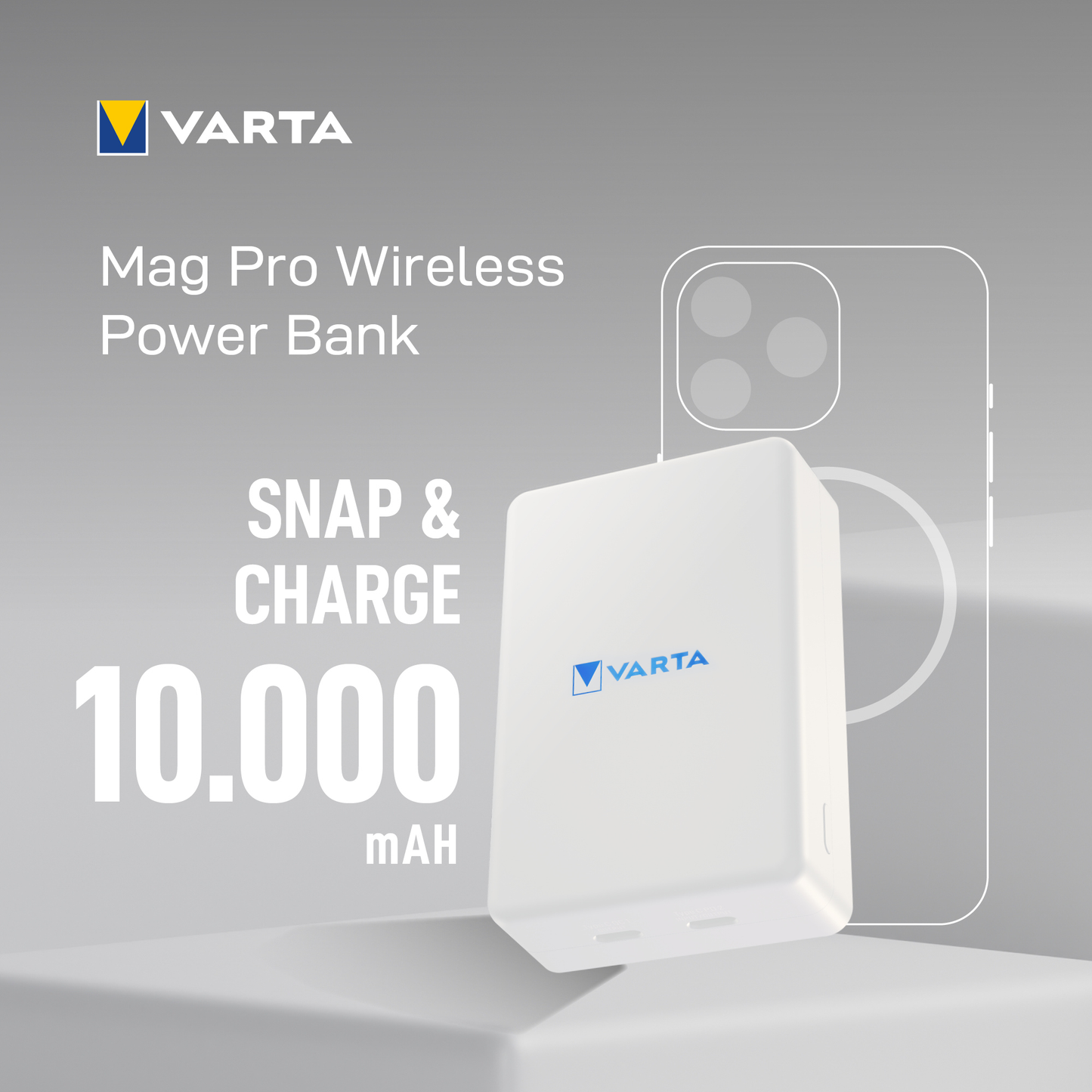 Ekstern trådløs batteri Varta Mag Pro, 10000mAh, 20W, 1 x QI - 2 x USB-C, Hvit