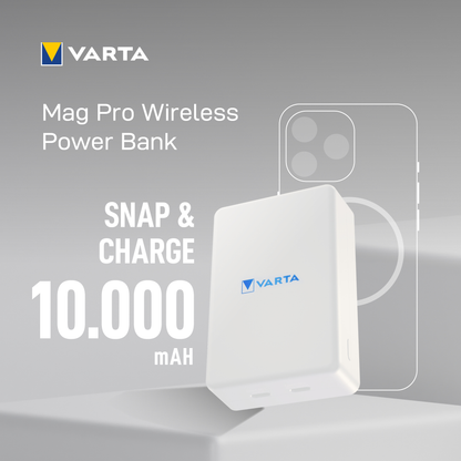 Ekstern trådløs batteri Varta Mag Pro, 10000mAh, 20W, 1 x QI - 2 x USB-C, Hvit