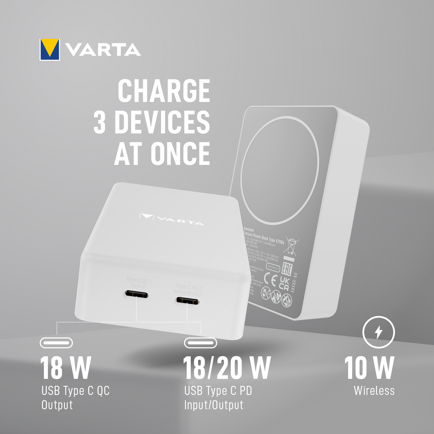 Ekstern trådløs batteri Varta Mag Pro, 10000mAh, 20W, 1 x QI - 2 x USB-C, Hvit