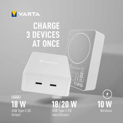 Ekstern trådløs batteri Varta Mag Pro, 10000mAh, 20W, 1 x QI - 2 x USB-C, Hvit