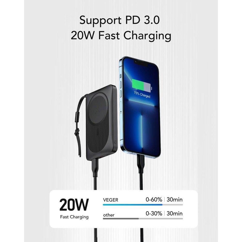 Ekstern trådløs batteri Veger VP1151 / W1151, 10000mAh, 22.5W, QC + PD + FQI, 1 x QI - 1 x USB-A - 1 x USB-C, Svart