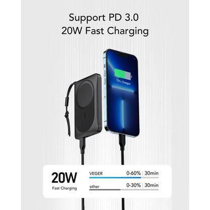 Ekstern trådløs batteri Veger VP1151 / W1151, 10000mAh, 22.5W, QC + PD + FQI, 1 x QI - 1 x USB-A - 1 x USB-C, Svart