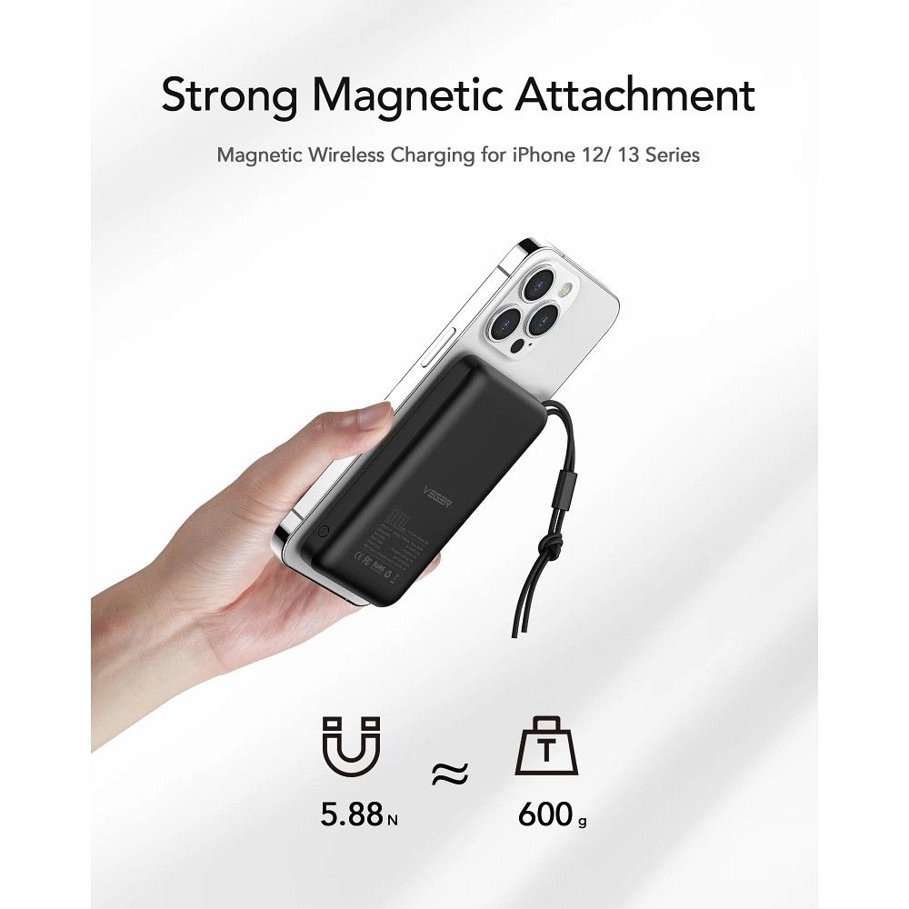 Ekstern trådløs batteri Veger VP1151 / W1151, 10000mAh, 22.5W, QC + PD + FQI, 1 x QI - 1 x USB-A - 1 x USB-C, Svart