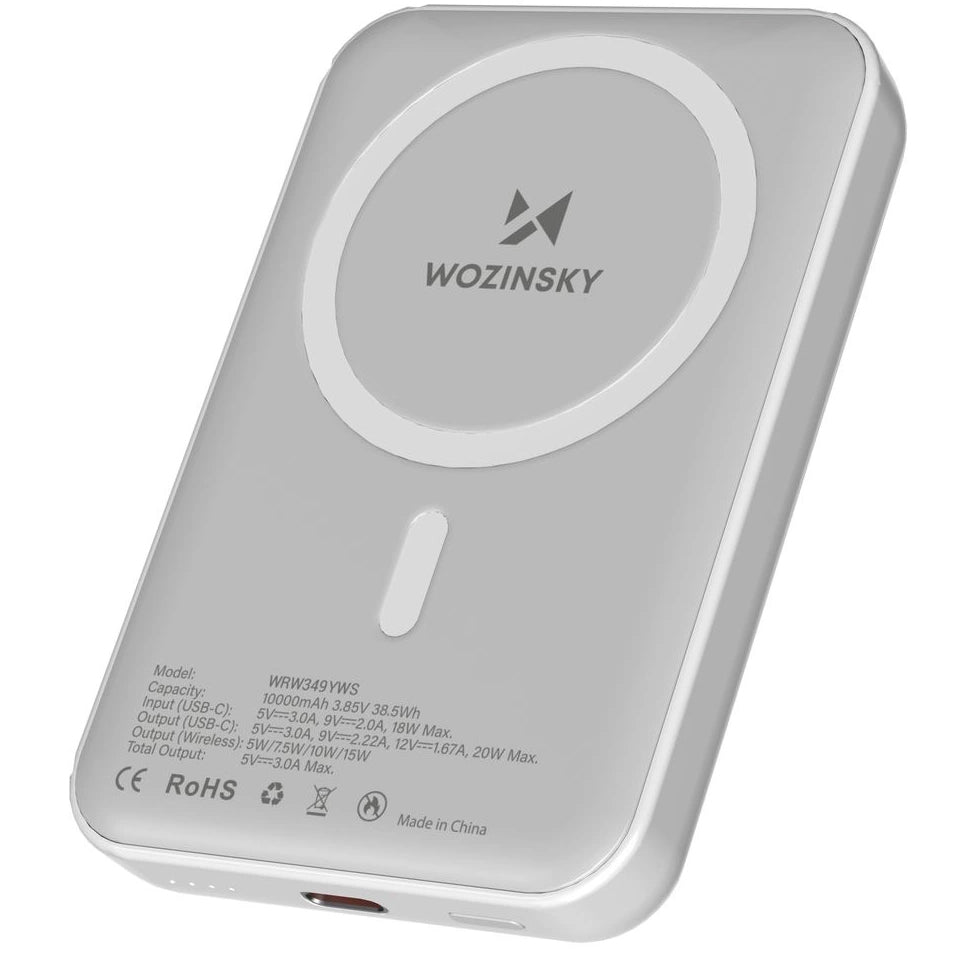 Ekstern trådløs batteri WZK WRW349YWS, 10000mAh, 20W, PD + FQI, 1 x QI - 1 x USB-C, Hvit
