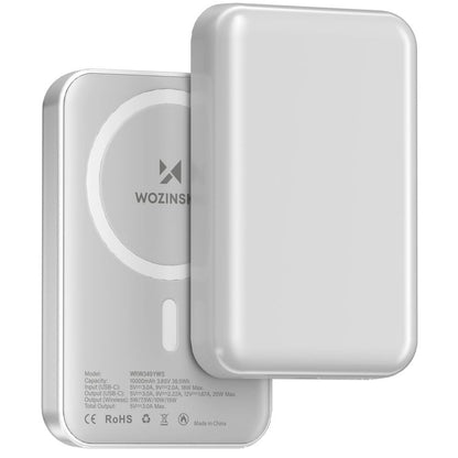 Ekstern trådløs batteri WZK WRW349YWS, 10000mAh, 20W, PD + FQI, 1 x QI - 1 x USB-C, Hvit