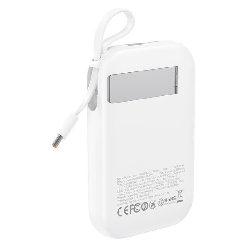 Trådløst Eksternt Batteri XO Design PR270, 10000mAh, 22.5W, QC + PD + QI, 1 x QI - 1 x USB-A - 1 x USB-C, Hvit