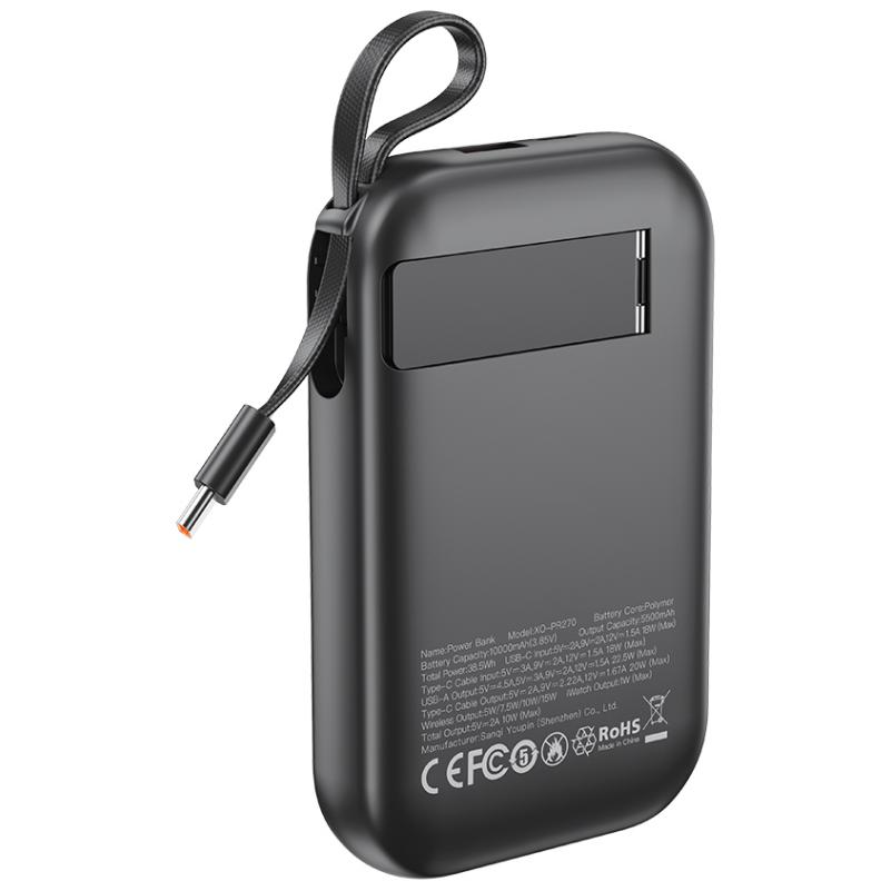 Trådløs Ekstern Batteri XO Design PR270, 10000mAh, 22.5W, QC + PD + QI, 1 x QI - 1 x USB-A - 1 x USB-C, Svart