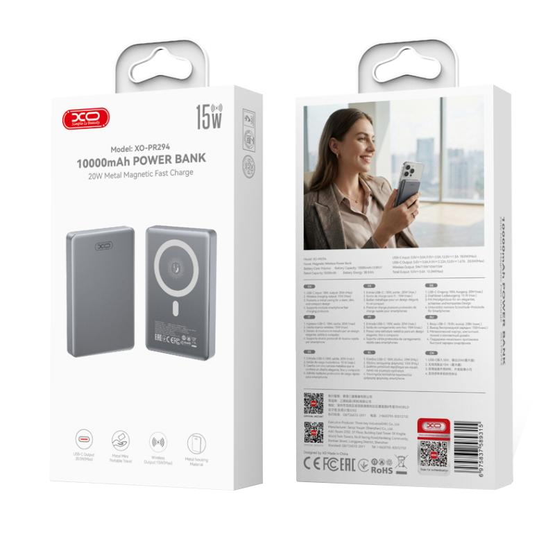 Trådløs ekstern batteri XO Design PR294, 10000mAh, 20W, PD + FQI, 1 x QI - 1 x USB-C, Grå