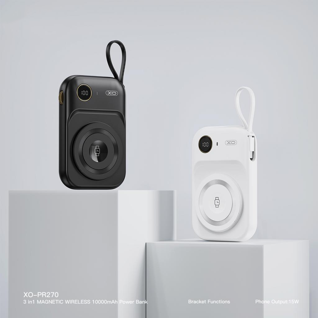 Trådløs Ekstern Batteri XO Design PR270, 10000mAh, 22.5W, QC + PD + QI, 1 x QI - 1 x USB-A - 1 x USB-C, Svart