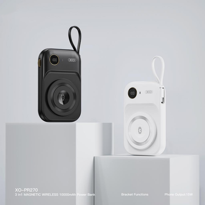 Trådløs Ekstern Batteri XO Design PR270, 10000mAh, 22.5W, QC + PD + QI, 1 x QI - 1 x USB-A - 1 x USB-C, Svart