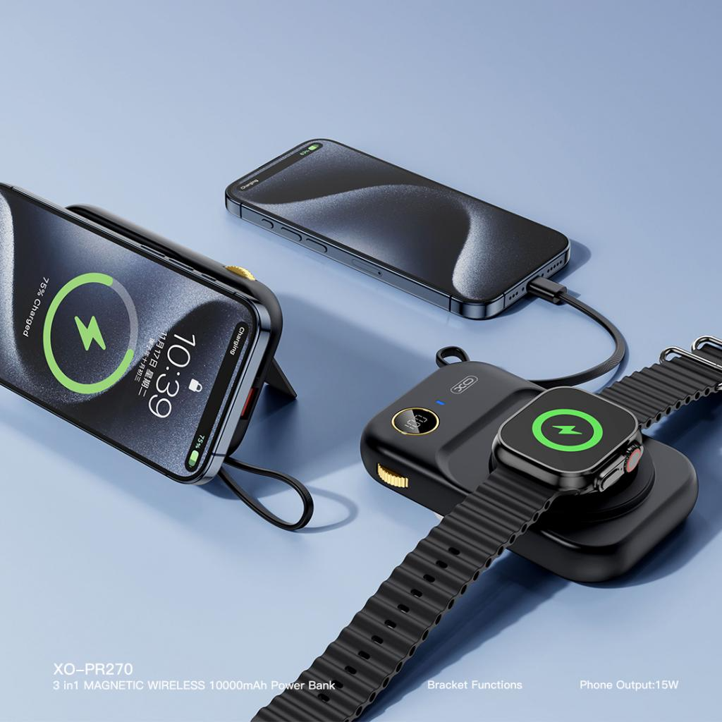 Trådløs Ekstern Batteri XO Design PR270, 10000mAh, 22.5W, QC + PD + QI, 1 x QI - 1 x USB-A - 1 x USB-C, Svart