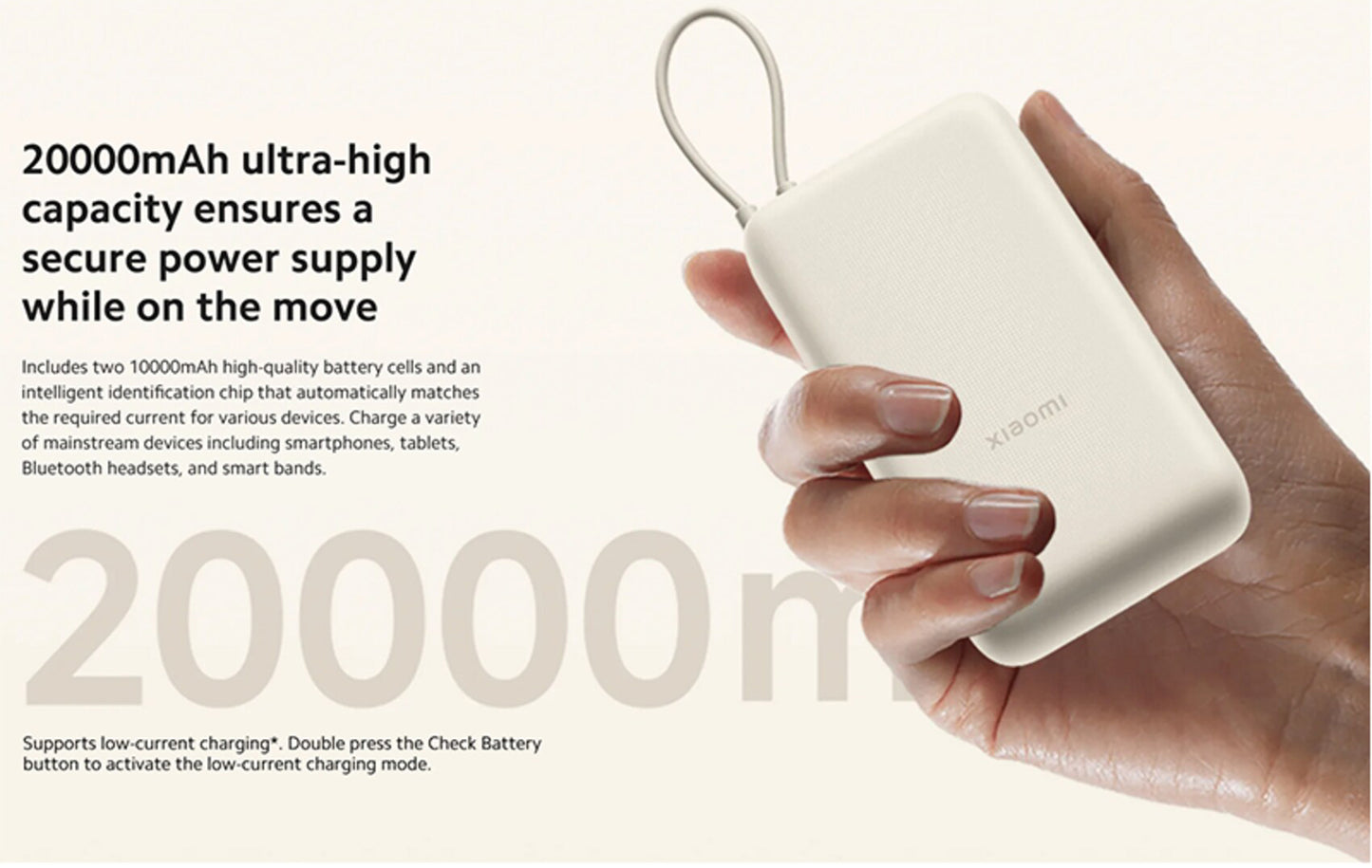 Ekstern batteri Xiaomi, 20000mAh, 33W, QC + PD, 1 x USB-A - 2 x USB-C, Beige BHR8851GL