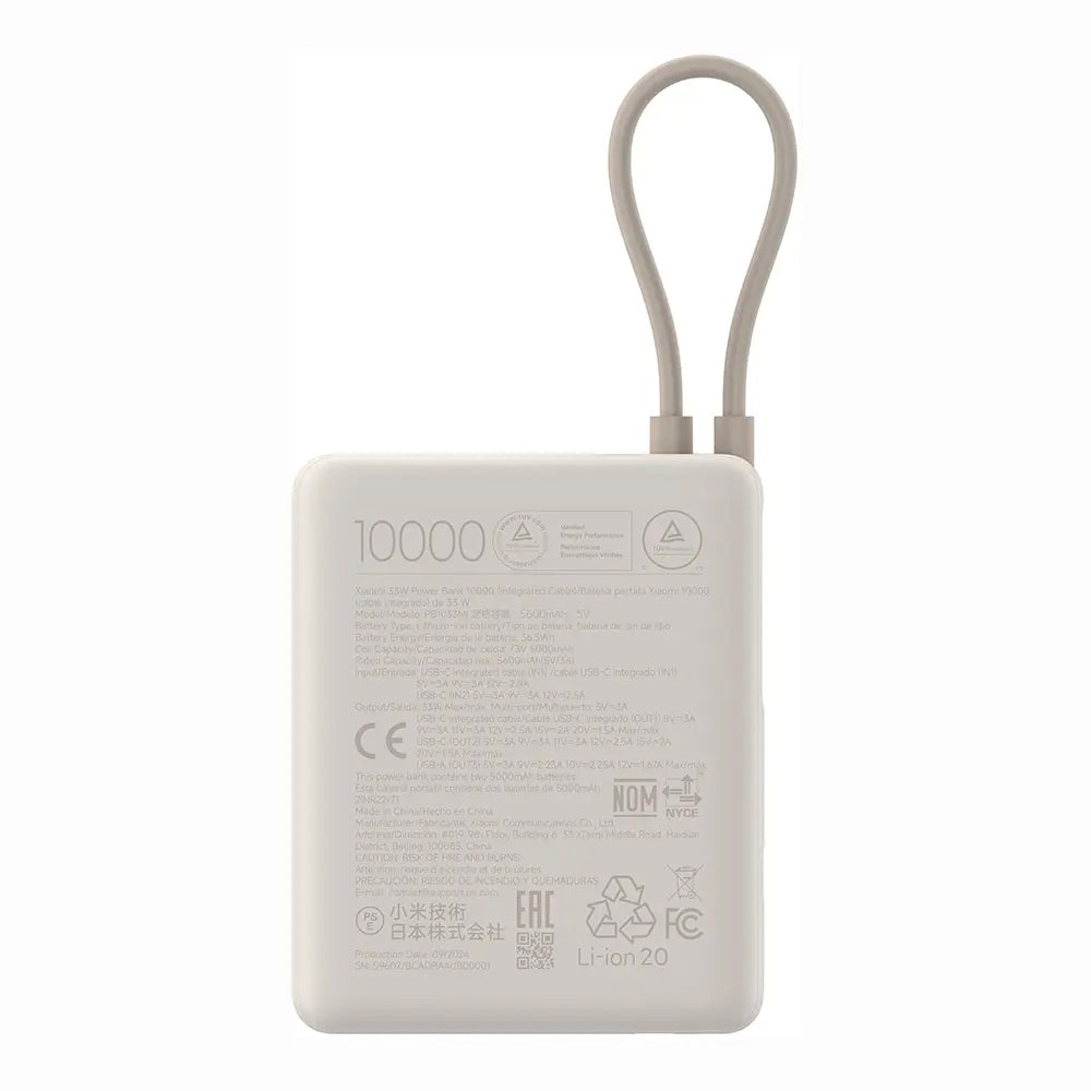 Ekstern batteri Xiaomi PB1033MI, 10000mAh, 33W, QC + PD, 1 x USB-A - 2 x USB-C, Beige BHR9333GL
