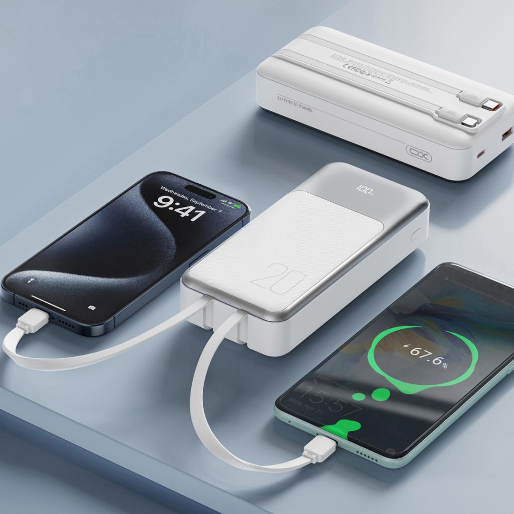 Ekstern Batteri XO Design PR249, 20000mAh, 22.5W, QC + PD, 1 x Lightning - 1 x USB-A - 2 x USB-C, Hvit