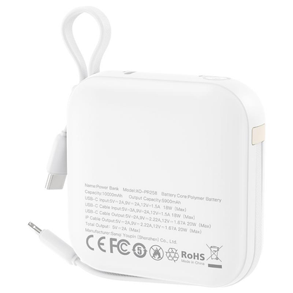 Ekstern Batteri XO Design PR258, 10000mAh, 20W, QC + PD, 1 x Lightning - 1 x USB-C, Beige