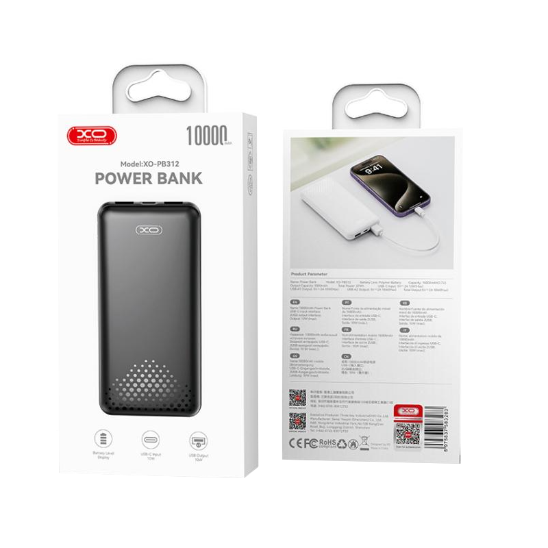 Ekstern Batteri XO Design PB312, 10000mAh, 10W, 2 x USB-A, Svart