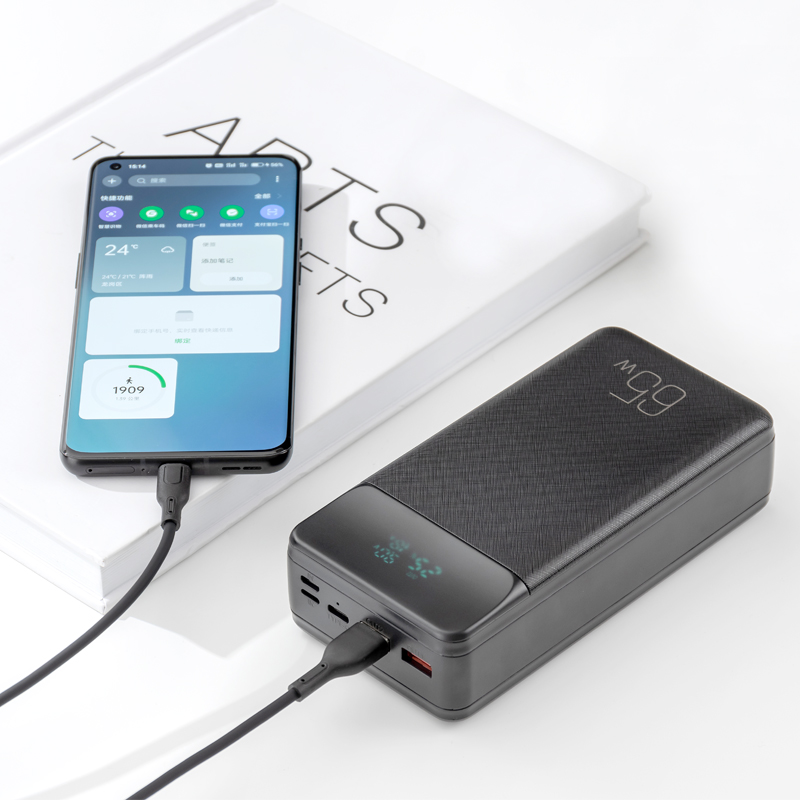 Ekstern batteri XO Design PR201, 30000mAh, 65W, QC + PD, 1 x USB-C - 2 x USB-A, Svart