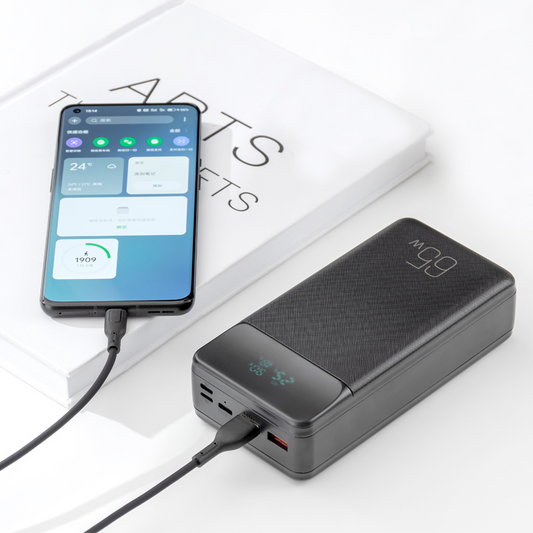 Ekstern batteri XO Design PR201, 30000mAh, 65W, QC + PD, 1 x USB-C - 2 x USB-A, Svart