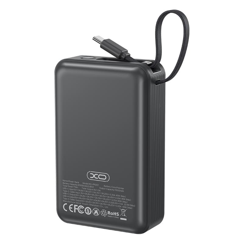 Ekstern batteri XO Design PR267, 20000mAh, 65W, QC + PD, 1 x USB-A - 2 x USB-C, Grå