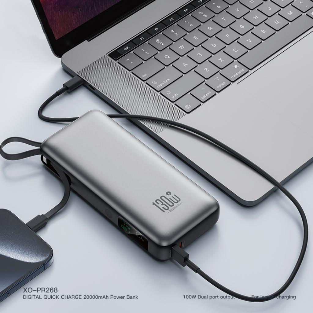 Ekstern Batteri XO Design PR268, 20000mAh, 130W, QC + PD, 1 x USB-A - 2 x USB-C, Grå