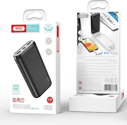 Ekstern batteri XO Design PR127, 20000mAh, 22.5W, QC + PD, 1 x USB-C - 2 x USB-A, Svart