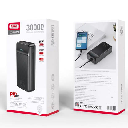 Ekstern batteri XO Design PR201, 30000mAh, 65W, QC + PD, 1 x USB-C - 2 x USB-A, Svart