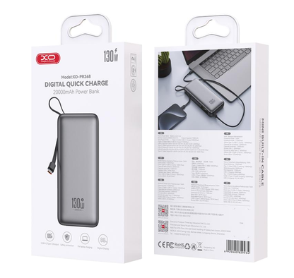 Ekstern Batteri XO Design PR268, 20000mAh, 130W, QC + PD, 1 x USB-A - 2 x USB-C, Grå