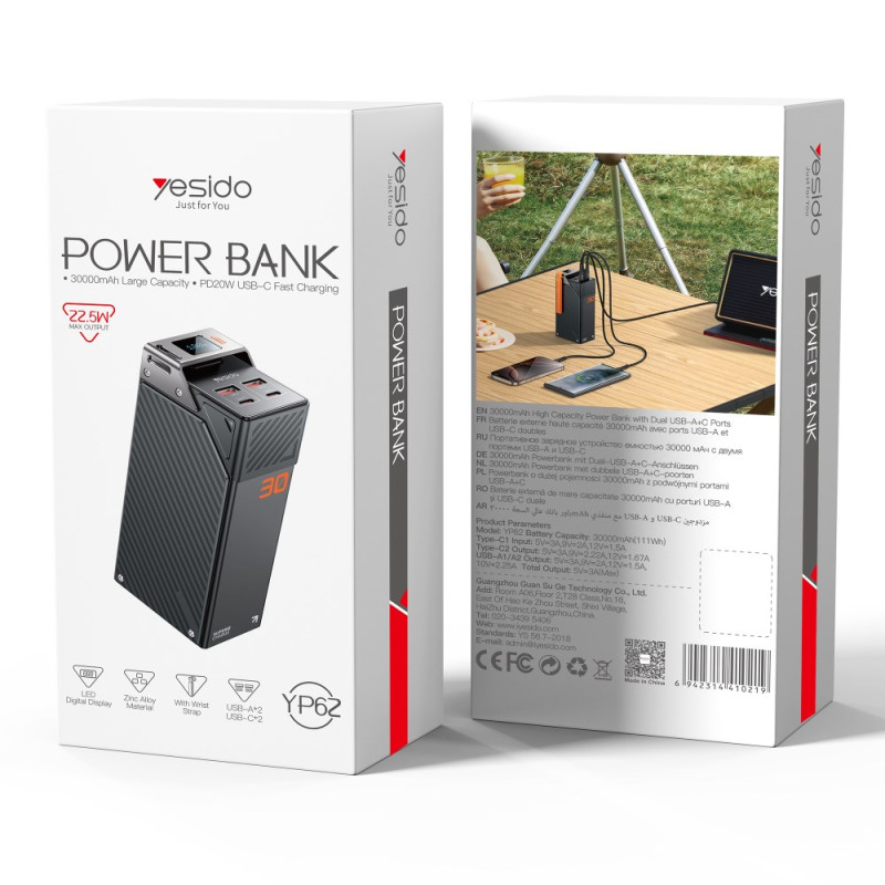 Yesido YP62 Ekstern Batteri, 30000mAh, 22.5W, QC + PD, 2 x USB-A - 2 x USB-C, Svart
