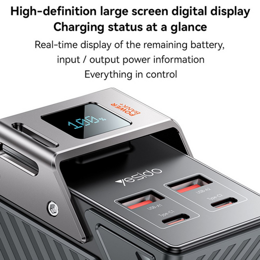 Yesido YP62 Ekstern Batteri, 30000mAh, 22.5W, QC + PD, 2 x USB-A - 2 x USB-C, Svart