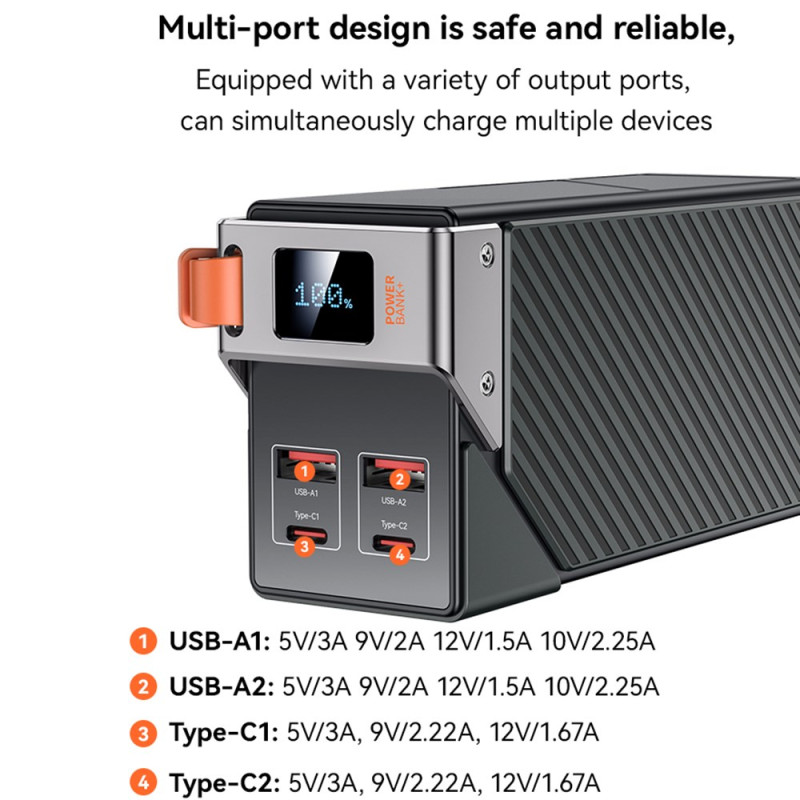 Yesido YP62 Ekstern Batteri, 30000mAh, 22.5W, QC + PD, 2 x USB-A - 2 x USB-C, Svart