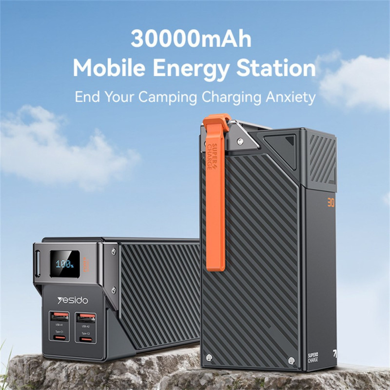 Yesido YP62 Ekstern Batteri, 30000mAh, 22.5W, QC + PD, 2 x USB-A - 2 x USB-C, Svart