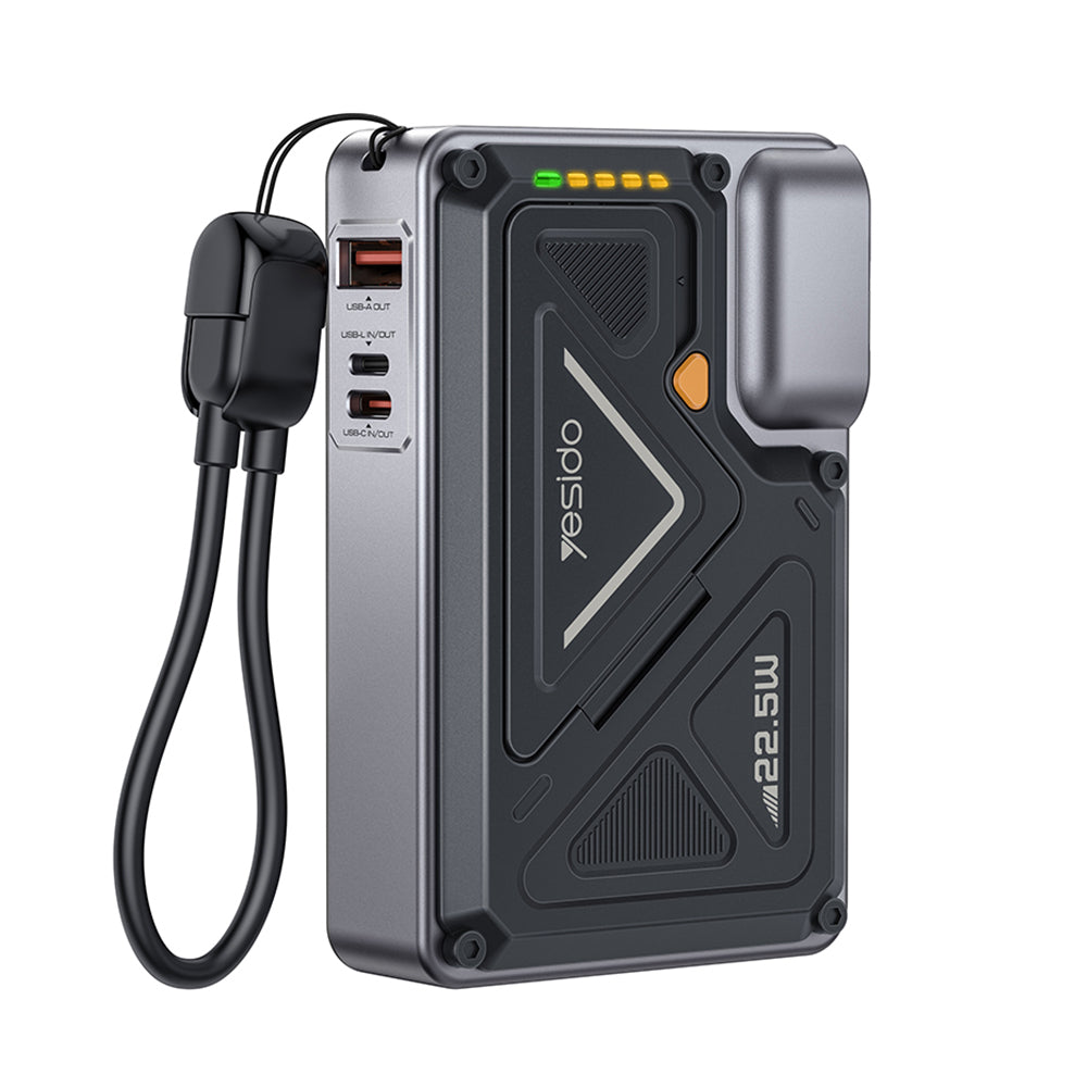 Ekstern batteri Yesido YP89, 10000mAh, 22.5W, QC + PD + FQI, 1 x Lightning - 1 x QI - 1 x USB-A - 1 x USB-C, Grå