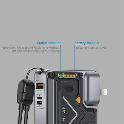 Ekstern batteri Yesido YP89, 10000mAh, 22.5W, QC + PD + FQI, 1 x Lightning - 1 x QI - 1 x USB-A - 1 x USB-C, Grå