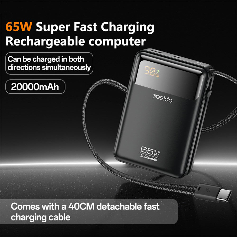Yesido YP97 Ekstern Batteri, 20000mAh, 65W, PD, 2 x USB-C, Grå