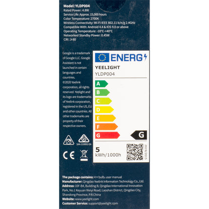 Yeelight W1 LED-pære, Wi-Fi, GU10, 4.8W, 2700K, 350lm, Sett med 4 stykker YLDP004