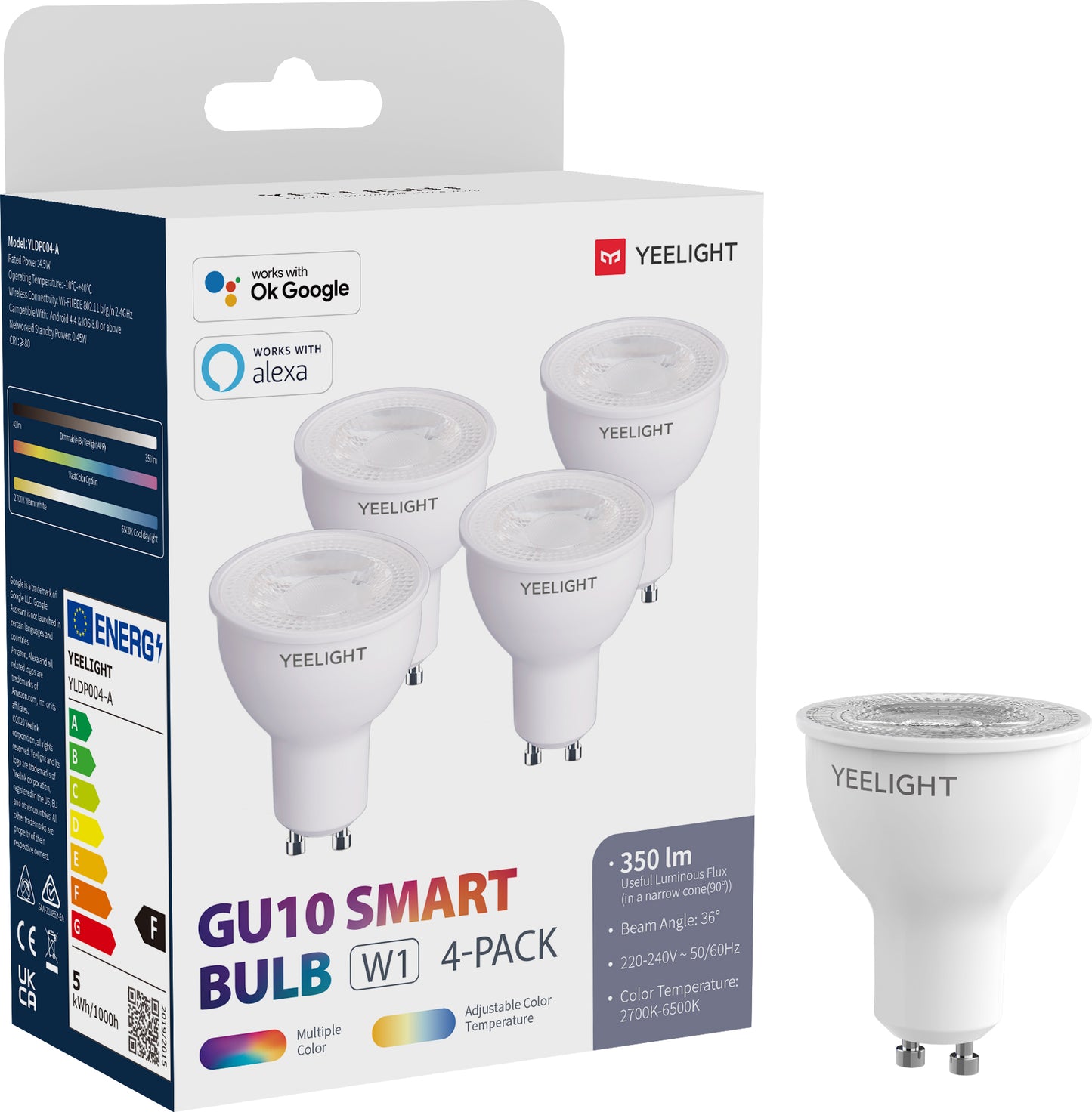 LED-pære Yeelight W1, Wi-Fi, GU10, 4.5W, 2700K - 6500K, 350lm, Sett med 4 stykker, Flerfarget YLDP004-A