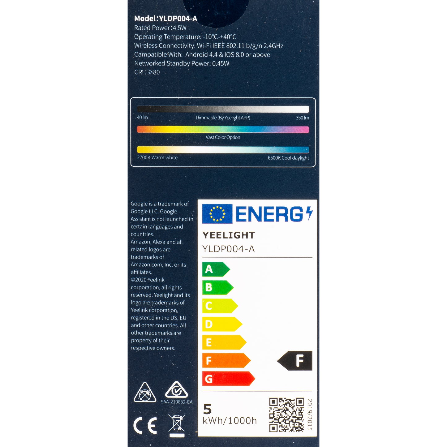 LED-pære Yeelight W1, Wi-Fi, GU10, 4.5W, 2700K - 6500K, 350lm, Sett med 4 stykker, Flerfarget YLDP004-A