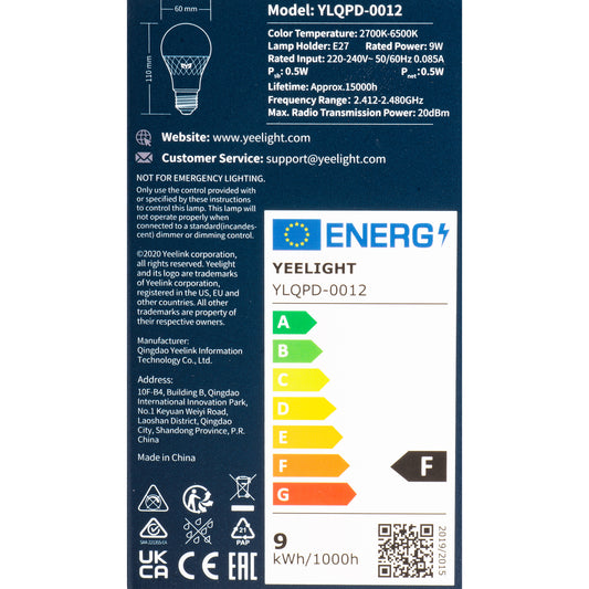 Yeelight W4 Lite LED-pære, Wi-Fi, E27, 9W, 2700K - 6500K, 806lm, hvit YLQDP-0012 YLQDP-0012