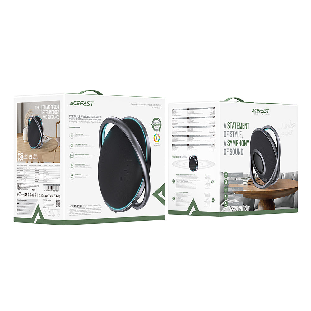 Bluetooth-høyttaler Acefast K5 Pro, 100W, RGB, vanntett, svart