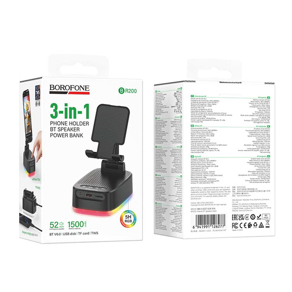 Borofone BR200 Marea 2i1 Bluetooth-høyttaler, 5W, TWS, RGB, Svart