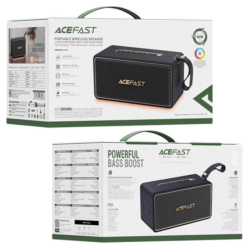 Bærbar Bluetooth-høyttaler Acefast K3 Max, 80W, RGB, Vanntett, Svart