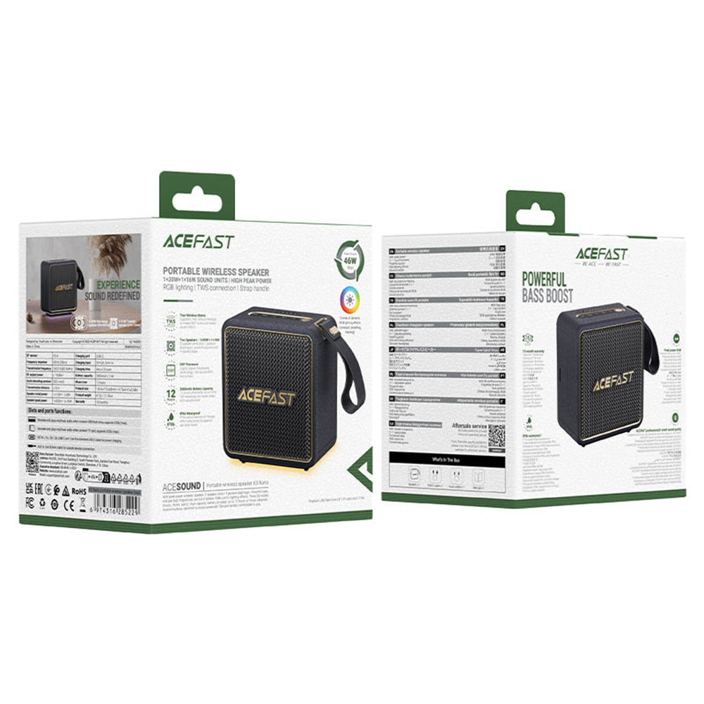 Bærbar Bluetooth-høyttaler Acefast K3 Nano, 1 x 30W - 1 x 16W, RGB, Vanntett, Svart