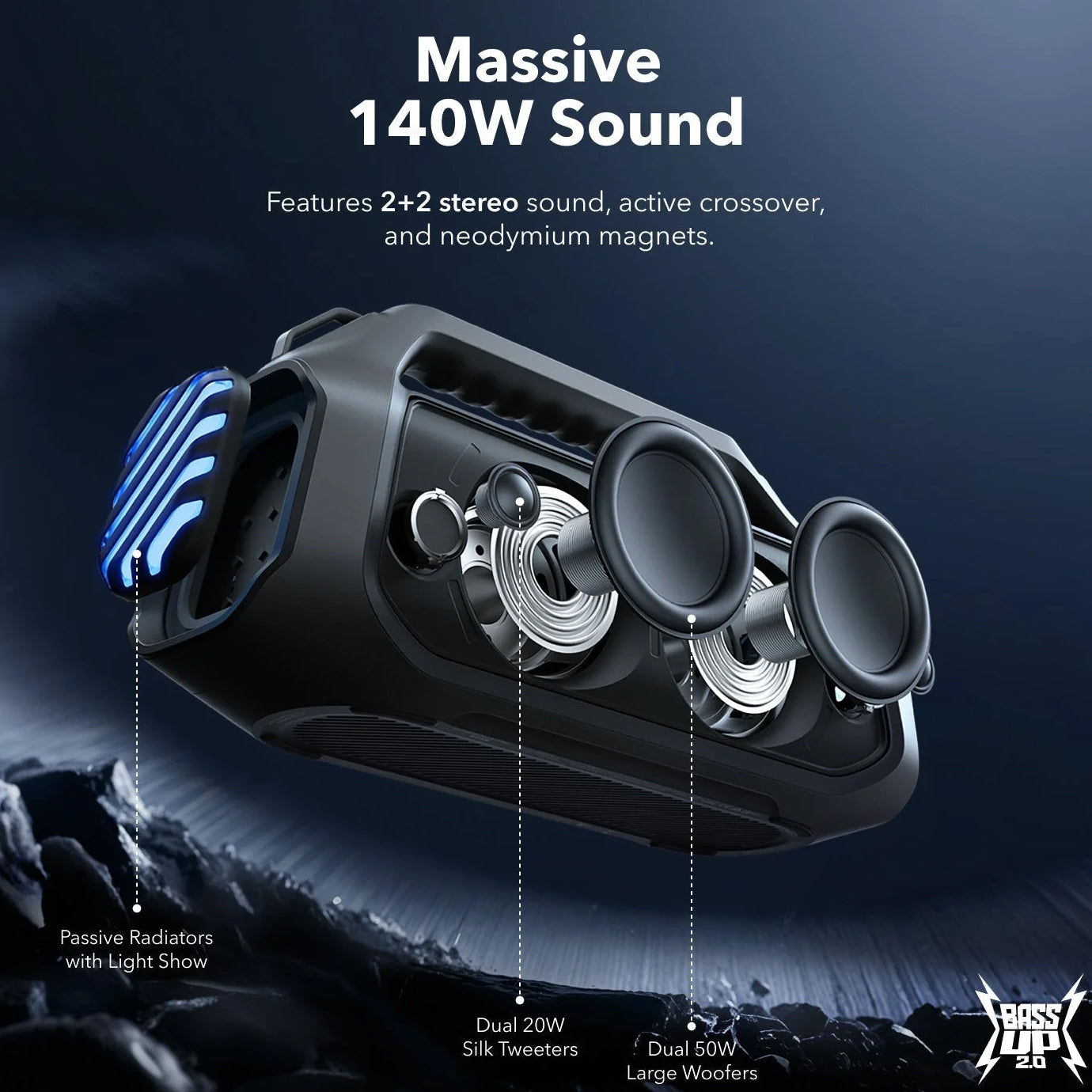 Bærbar Bluetooth-høyttaler Anker SoundCore Boom 2 Plus, 140W, TWS, RGB, Vanntett, Svart A3134011