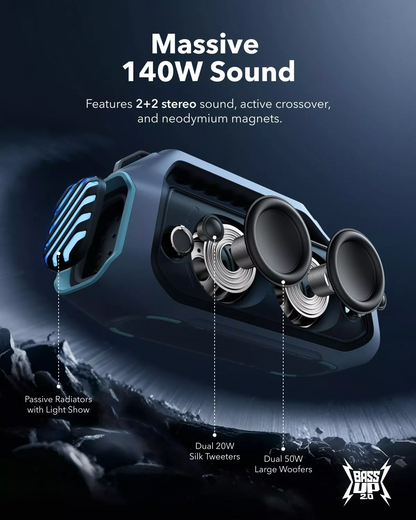 Bærbar Bluetooth-høyttaler Anker SoundCore Boom 2 Plus Ny versjon, 140W, TWS, RGB, Vanntett, Blå A3134032