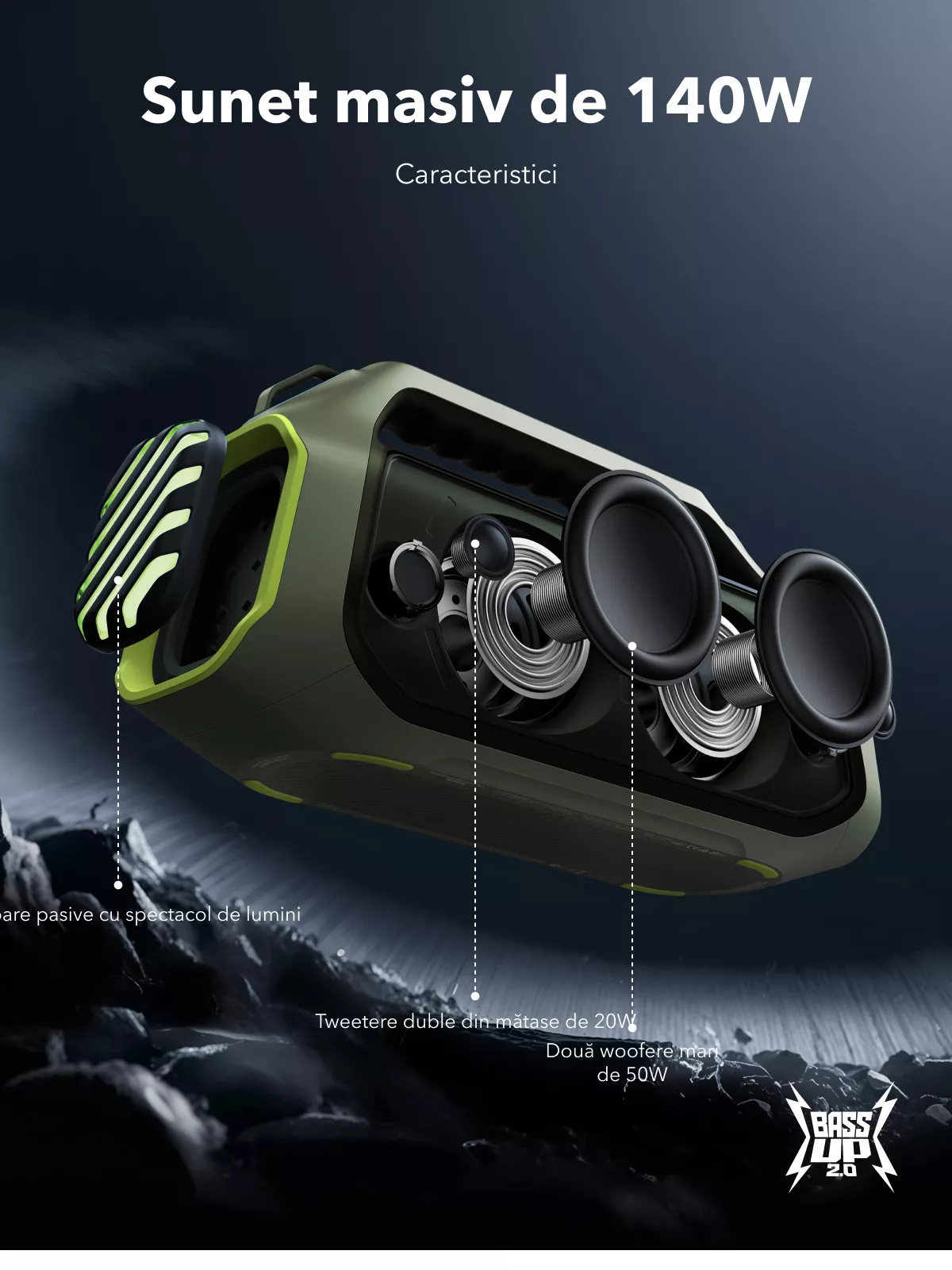 Bærbar Bluetooth-høyttaler Anker SoundCore Boom 2 Plus Ny versjon, 140W, TWS, RGB, Vanntett, Grønn A3134062